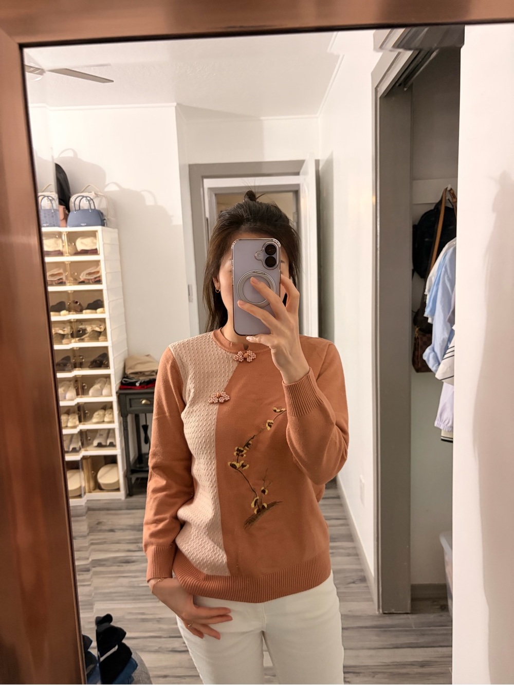 Womens Split-Panel Embroidered Sweater in Rust and Cream